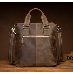 Vintage Brown Leather Mens 13 inches Vertical Briefcase Laptop Bags Business Bags Work Messenger Bag for Men - iwalletsmen