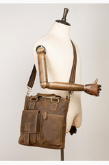 Vintage Brown Leather Mens 13 inches Vertical Briefcase Laptop Bags Business Bags Work Messenger Bag for Men - iwalletsmen
