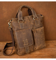 Vintage Brown Leather Mens 13 inches Vertical Briefcase Laptop Bags Business Bags Work Messenger Bag for Men - iwalletsmen