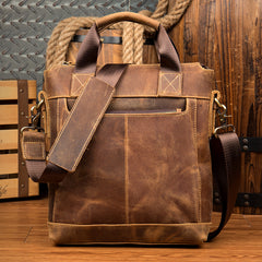 Brown Leather Mens 13 inches Briefcase Vertical Laptop Side Bags Business Bags Work Bags for Men - iwalletsmen