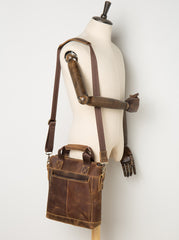 Brown Leather Mens 13 inches Briefcase Vertical Laptop Side Bags Business Bags Work Bags for Men - iwalletsmen