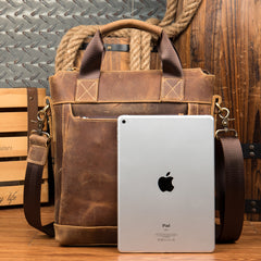 Brown Leather Mens 13 inches Briefcase Vertical Laptop Side Bags Business Bags Work Bags for Men - iwalletsmen