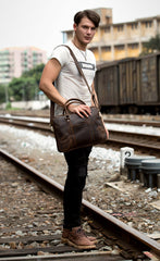 Brown Leather Mens 14 inches Briefcase Laptop Bag Navy Business Bags Work Bag for Men - iwalletsmen