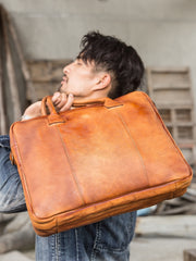 Vintage Brown Leather Mens 14 inches Briefcase Work Side Bag Brown Laptop Briefcase Business Bag for Men - iwalletsmen