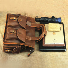 Brown Leather Mens 14 inches Business Laptop Work Bag Handbag Briefcase Shoulder Bags Messenger Bags For Men - iwalletsmen