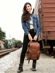 Brown Leather Mens 15 inches Cool Backpack Travel Backpack School Backpack for men - iwalletsmen