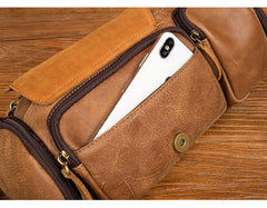 Cool Brown Leather Mens Large Fanny Pack Barrel Waist Bag Chest Bag Hip Pack Bum Pack for men - iwalletsmen