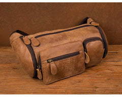 Cool Brown Leather Mens Large Fanny Pack Barrel Waist Bag Chest Bag Hip Pack Bum Pack for men - iwalletsmen