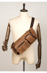 Cool Brown Leather Mens Large Fanny Pack Barrel Waist Bag Chest Bag Hip Pack Bum Pack for men - iwalletsmen