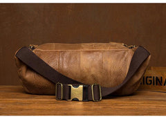 Cool Brown Leather Mens Large Fanny Pack Barrel Waist Bag Chest Bag Hip Pack Bum Pack for men - iwalletsmen
