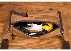 Cool Brown Leather Mens Large Fanny Pack Barrel Waist Bag Chest Bag Hip Pack Bum Pack for men - iwalletsmen