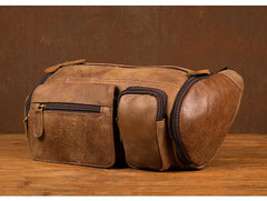 Cool Brown Leather Mens Large Fanny Pack Barrel Waist Bag Chest Bag Hip Pack Bum Pack for men - iwalletsmen