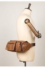 Cool Brown Leather Mens Large Fanny Pack Barrel Waist Bag Chest Bag Hip Pack Bum Pack for men - iwalletsmen