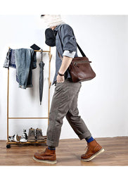 Brown Leather Mens 8 inches Courier Bag Messenger Bag Small Postman Bag For Men - iwalletsmen