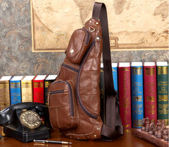 Brown Leather Mens Cool Large Sling Bags Light Brown Crossbody Pack Chest Bag for Men - iwalletsmen