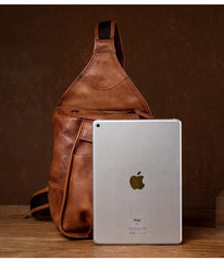 Cool Brown Leather Mens 8 inches Sling Bag Sling Pack Crossbody Pack Chest Bag for men - iwalletsmen