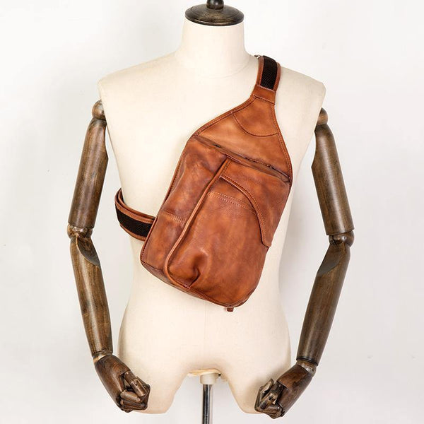 Cool Brown Leather Mens 8 inches Sling Bag Sling Pack Crossbody Pack Chest Bag for men - iwalletsmen