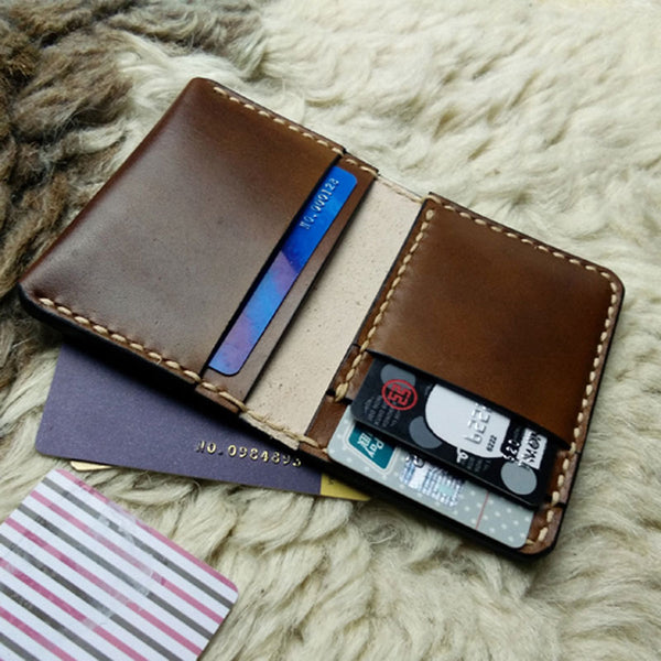 Brown Leather Mens Slim Front Pocket Bifold Small Wallets Card Wallet for Men - iwalletsmen