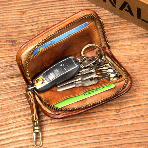 Brown Leather Mens Small Car Key Wallet Brown Key Holder Coin Purse Brown Card Holder For Men - iwalletsmen