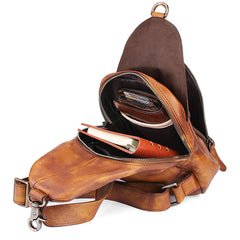 Cool Brown MENS LEATHER Sling Bag Chest Bag Coffee One Shoulder Backpack For Men - iwalletsmen