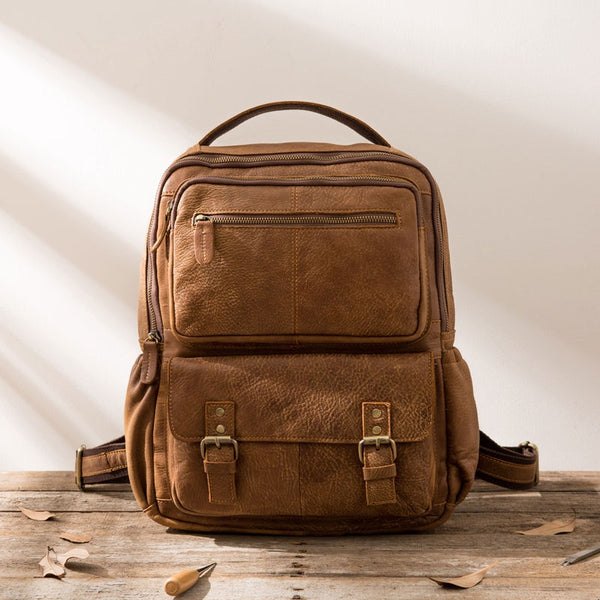 Brown Mens Leather Backpacks Travel Backpacks Laptop Backpack for men - iwalletsmen