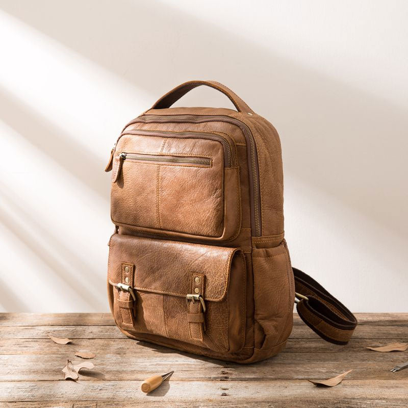 Brown Mens Leather Backpacks Travel Backpacks Laptop Backpack for men - iwalletsmen
