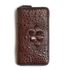 Brown Crocodile Leather Mens Black Zipper Bifold Long Wallet Black Clutch Wallet For Men - iwalletsmen