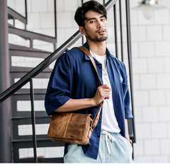 Camel Leather Mens Small Side Bag Small Messenger Bags Postman Bag Courier Bag for Men - iwalletsmen