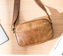 Camel Leather Mens Mini Phone Bag Courier Bag Small Messenger Bags Postman Bag for Men - iwalletsmen