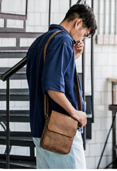 Camel Leather Mens Vertical Mini Side Bag Small Messenger Bags Courier Bag for Men - iwalletsmen