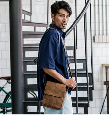Camel Leather Mens Vertical Mini Side Bag Small Messenger Bags Courier Bag for Men - iwalletsmen