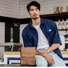Camel Leather Mens Vertical Mini Side Bag Small Messenger Bags Courier Bag for Men - iwalletsmen