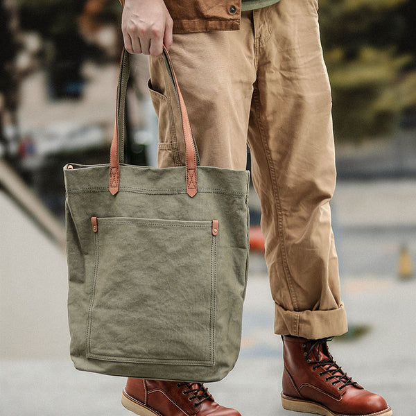 Khaki Vintage Canvas Men Womens Large Tote Bag Green Canvas Shoulder Tote Bag Shopper Tote For Men - iwalletsmen