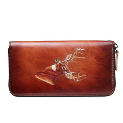 Brown Vintage Deer Wallet Leather Mens Womens Gray Long Wallet Zipper Clutch Wallet For Men - iwalletsmen
