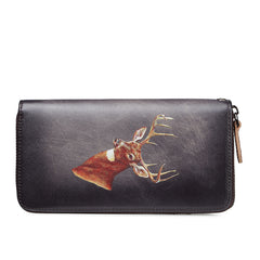Brown Vintage Deer Wallet Leather Mens Womens Gray Long Wallet Zipper Clutch Wallet For Men - iwalletsmen