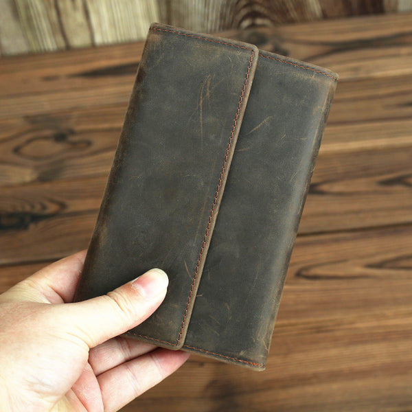 Brown Vintage Simple Long Wallet Leather Mens Dark Brown Trifold Card Wallet Light Brown Business Wallet For Men - iwalletsmen