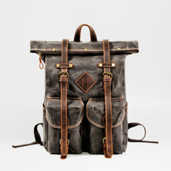 Brown Waxed Canvas Mens Waterproof Large 15'' Hiking Backpack Travel Backpack Computer Backpack for Men - iwalletsmen
