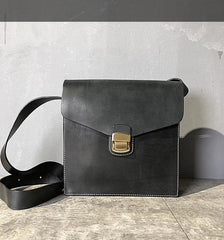 Business Black Leather Mens 10 inches Square Side Bag Messenger Bag Tan Postman Bag Courier Bag for Men - iwalletsmen
