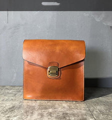 Business Black Leather Mens 10 inches Square Side Bag Messenger Bag Tan Postman Bag Courier Bag for Men - iwalletsmen