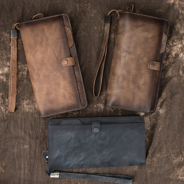 COOL MENS LEATHER Brown Bifold ZIPPER LONG CLUTCH WALLETS VINTAGE Brown Wristlet Long WALLET FOR MEN - iwalletsmen