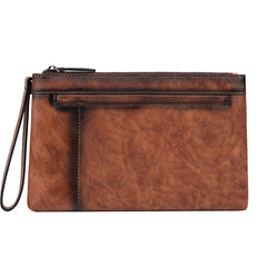 COOL MEN LEATHER Brown Wristlet Bag LONG CLUTCH WALLETS ZIPPER VINTAGE Tan Envelope Bag FOR MEN - iwalletsmen