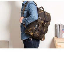 Camouflage Canvas Leather Mens Large 14'' Laptop Backpack College Backpack Hiking Backpack for Men - iwalletsmen