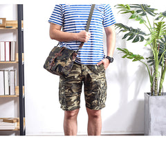 Camouflage Waxed Canvas Leather Mens Waterproof Side Bag Postman Bag Messenger Bag for Men - iwalletsmen