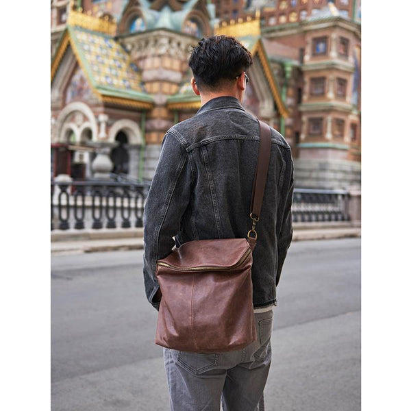 Cool Leather Mens Messenger Bag Square Brown Leather Courier Bags Postman Bags for Men - iwalletsmen