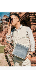 Canvas Leather Mens Small Navy Side Bag Canvas Square Messenger Bags Canvas Travel Courier Bags for Men - iwalletsmen