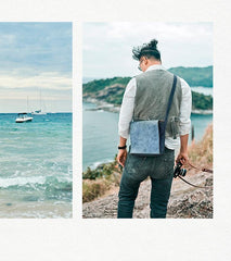 Canvas Leather Mens Small Navy Side Bag Canvas Square Messenger Bags Canvas Travel Courier Bags for Men - iwalletsmen