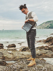 Canvas Leather Mens Small Navy Side Bag Canvas Square Messenger Bags Canvas Travel Courier Bags for Men - iwalletsmen