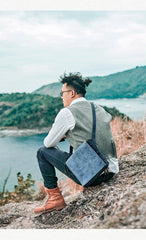 Canvas Leather Mens Small Navy Side Bag Canvas Square Messenger Bags Canvas Travel Courier Bags for Men - iwalletsmen