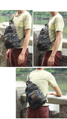 Denim Vintage Blue Mens Large Sling Bag Chest Bag Jean One Shoulder Backpacks For Men - iwalletsmen
