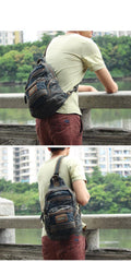 Denim Vintage Blue Mens Large Sling Bag Chest Bag Jean One Shoulder Backpacks For Men - iwalletsmen